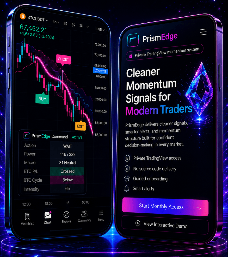 PrismEdge phone mockups showing momentum chart signals and the product landing screen
