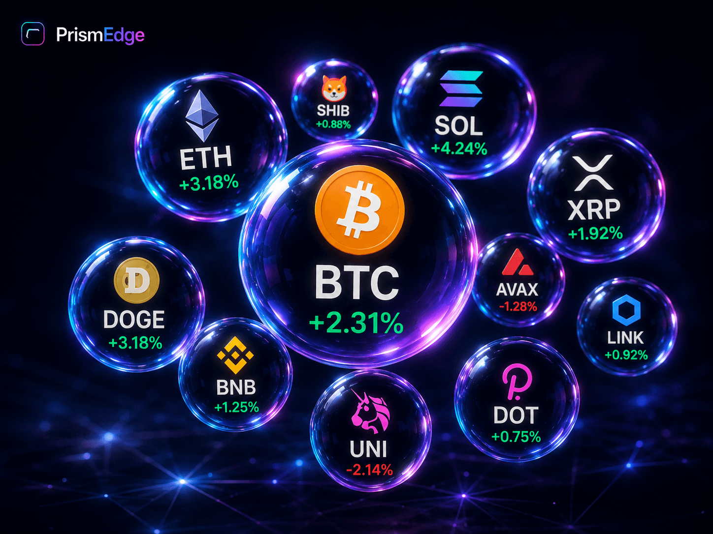 PrismEdge Market Pulse crypto bubbles, blue prism palette