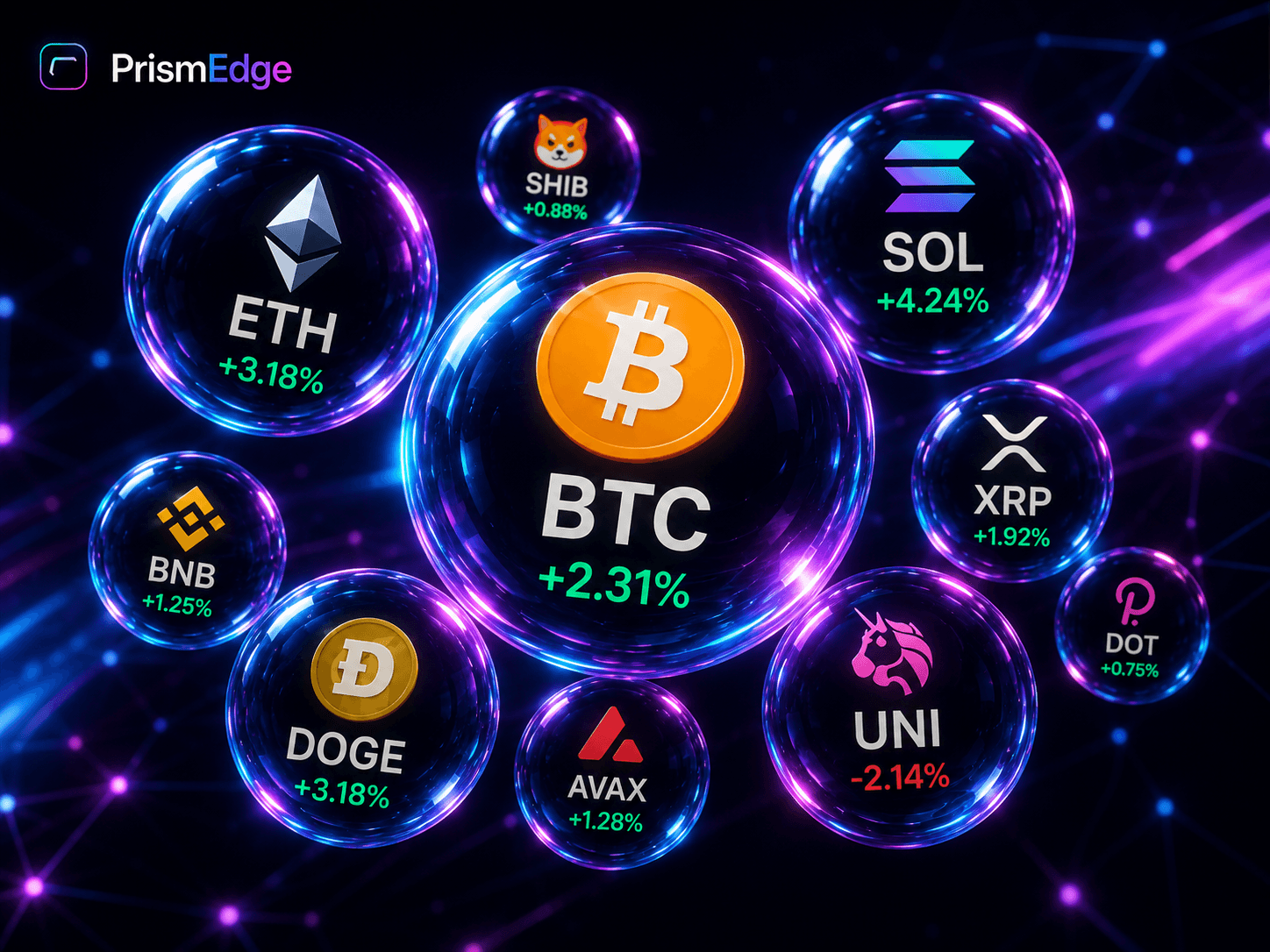 PrismEdge Market Pulse crypto bubbles, green momentum palette