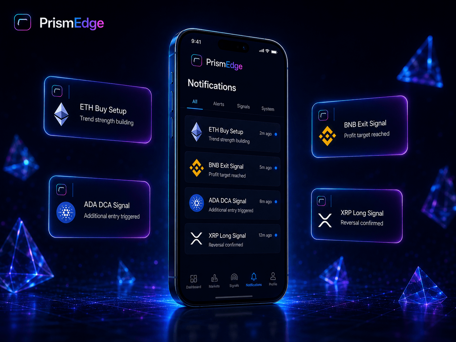 PrismEdge lock-screen alerts: BTC buy setup, SOL short, ETH exit, XRP momentum
