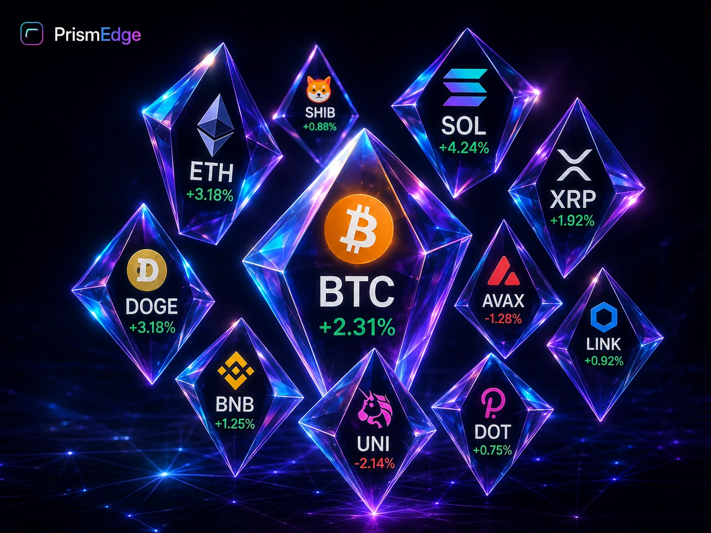 PrismEdge Market Scanner: crypto assets as prism crystals, sized and ranked by momentum